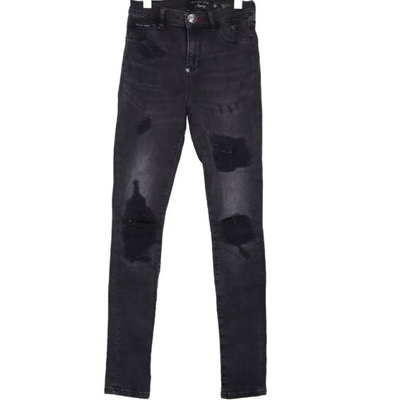 Philipp Plein Women's 26 Charcoal Black High Rise Slim Fit Denim Skinny Jeans - Picture 1 of 11